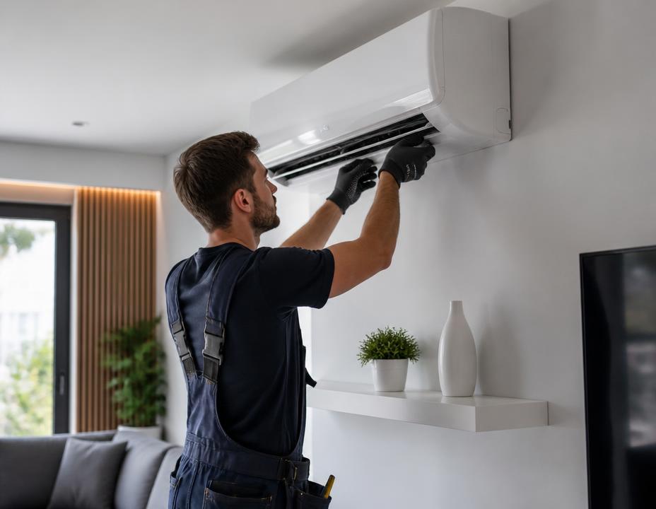 Climatiseur mural installé dans un salon lumineux