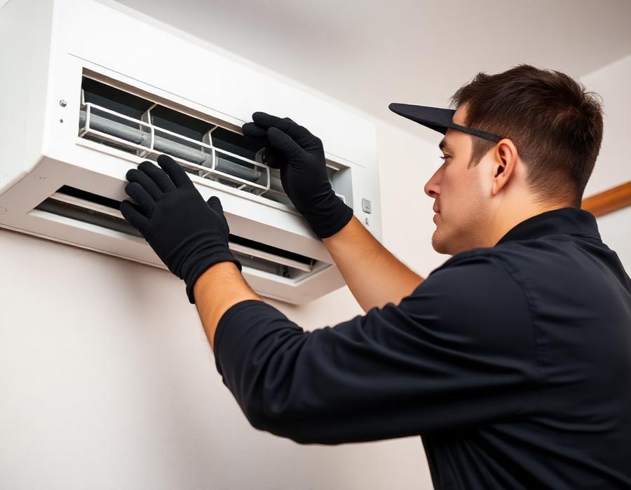Technicien nettoyant les filtres d'un climatiseur mural lors d'un entretien